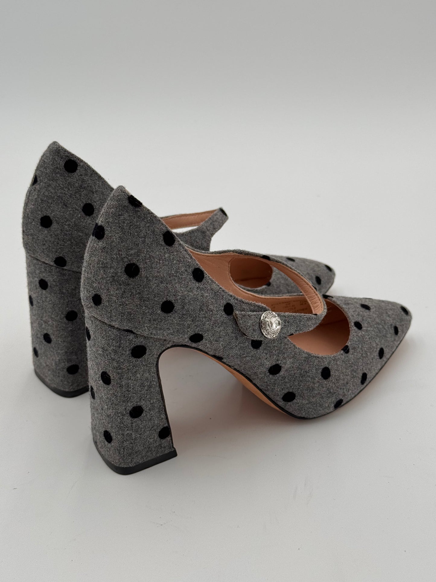 Kate Spade Maren Pumps Gray Felt Black Velvet Polka Dots Heels Shoes size 6
