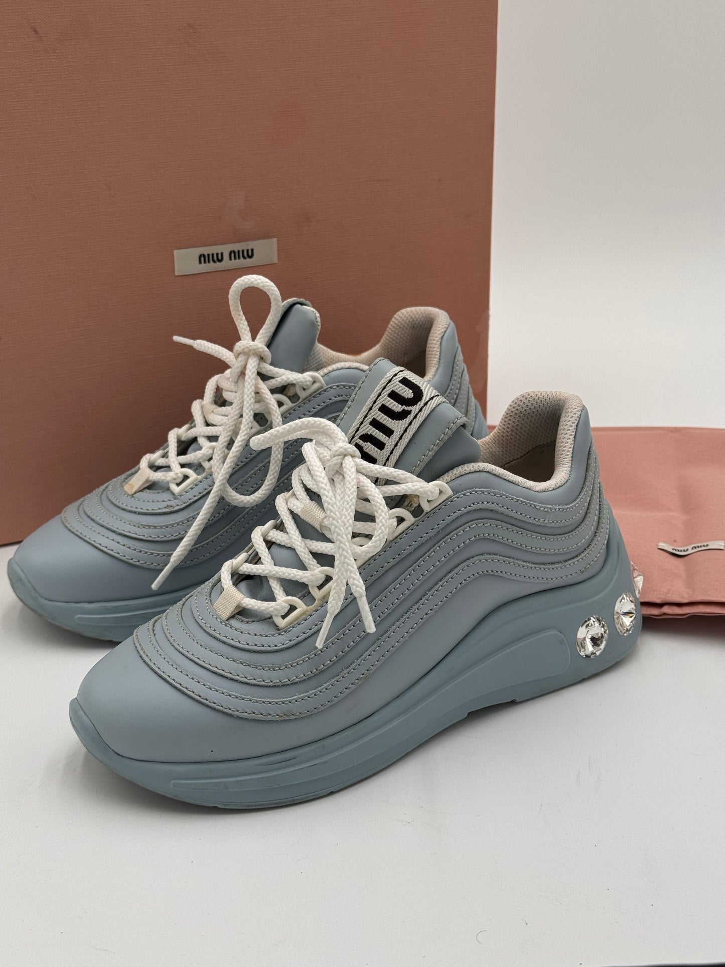 Miu Miu Crystal Embellished Chunky Sneakers Shoes Cielo Light Blue size 35