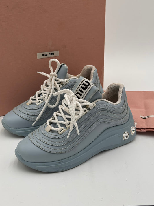 Miu Miu Crystal Embellished Chunky Sneakers Shoes Cielo Light Blue size 35
