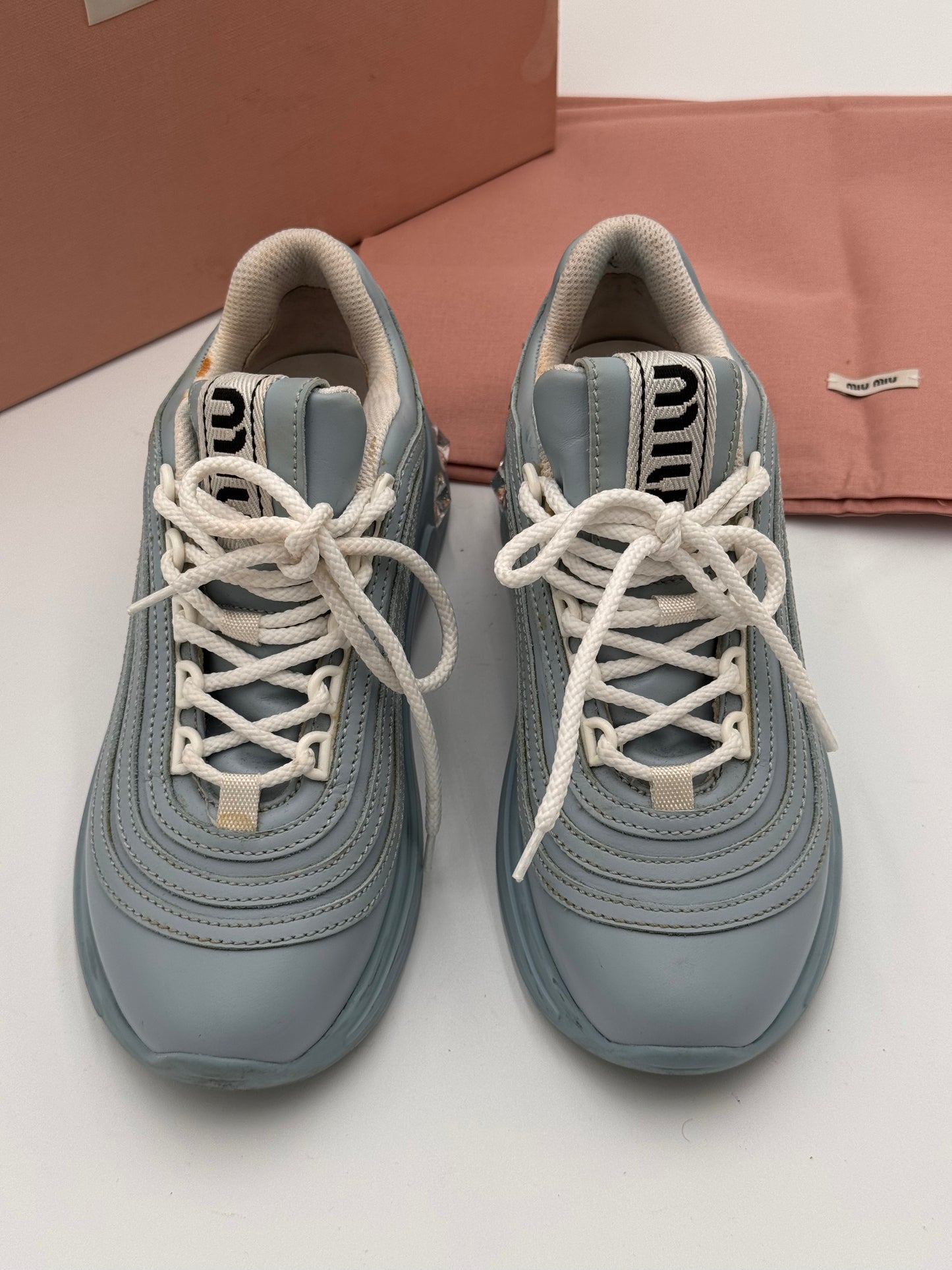 Miu Miu Crystal Embellished Chunky Sneakers Shoes Cielo Light Blue size 35