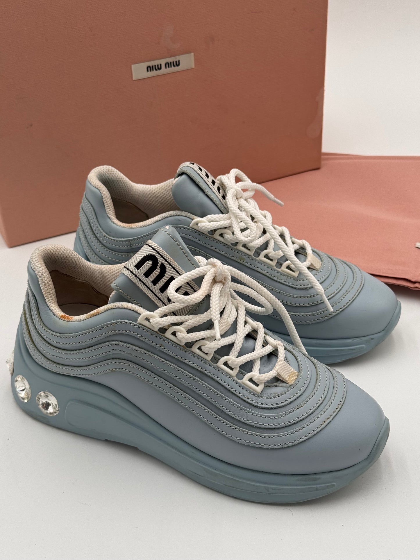 Miu Miu Crystal Embellished Chunky Sneakers Shoes Cielo Light Blue size 35
