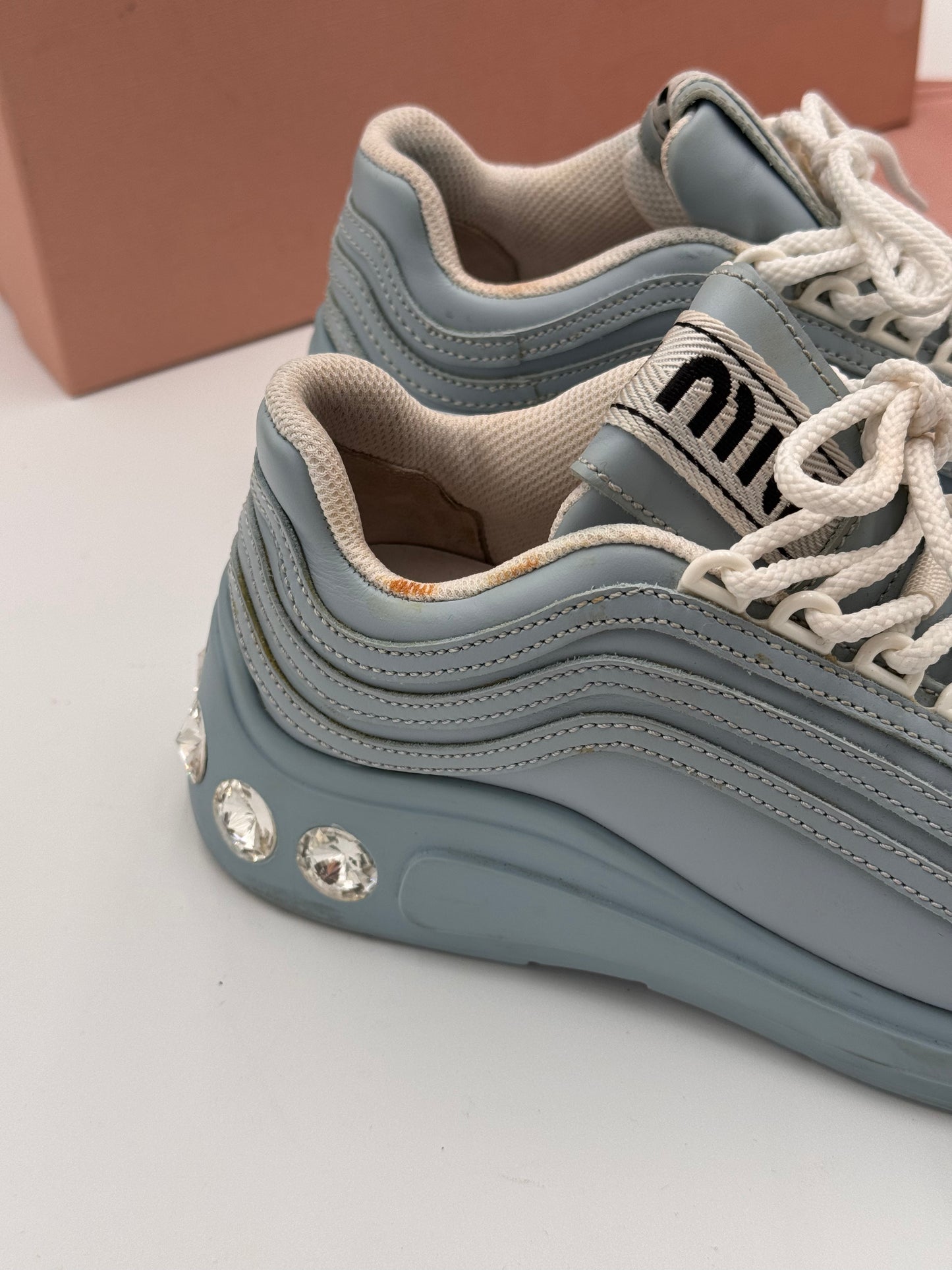 Miu Miu Crystal Embellished Chunky Sneakers Shoes Cielo Light Blue size 35