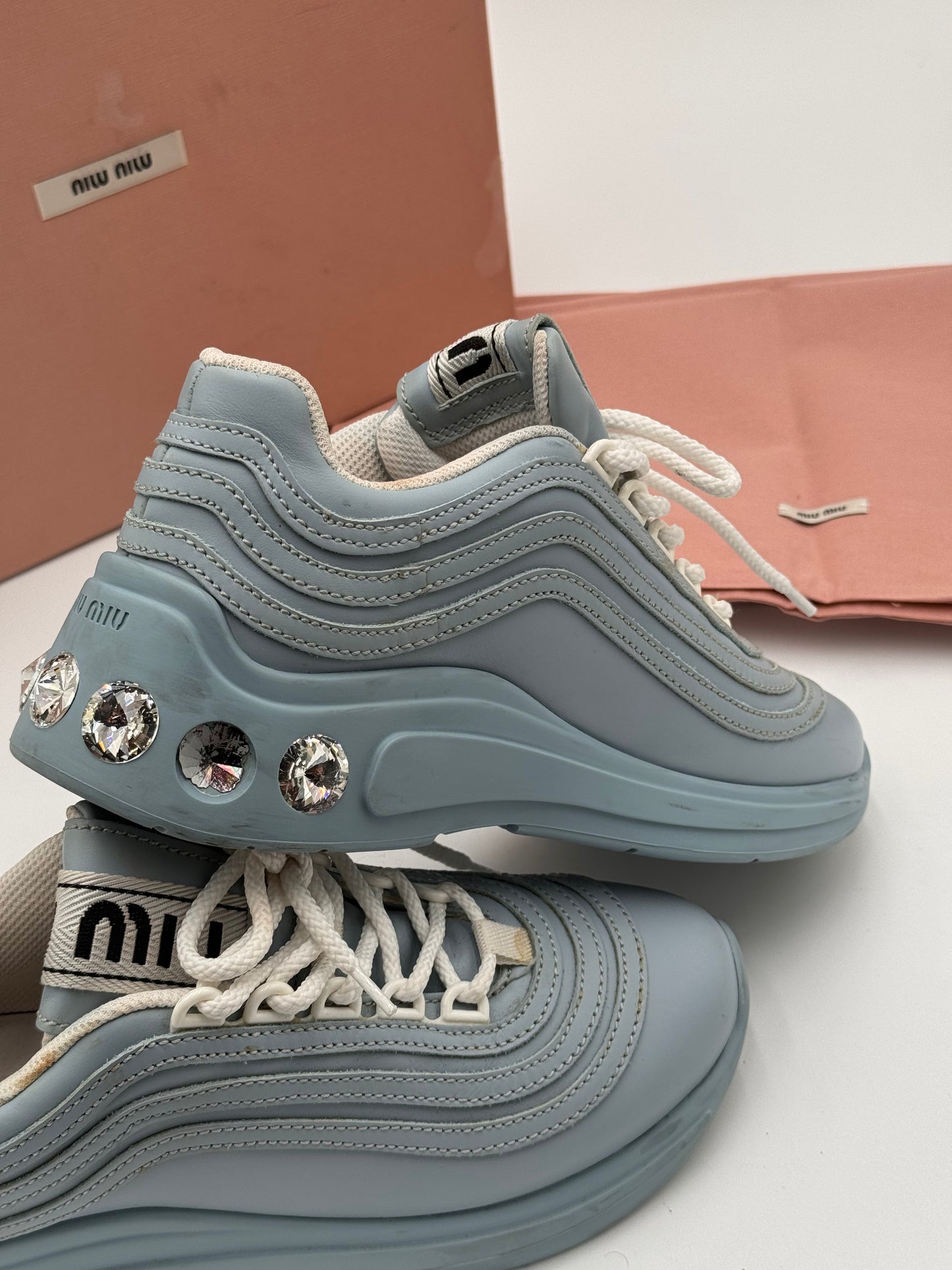 Miu Miu Crystal Embellished Chunky Sneakers Shoes Cielo Light Blue size 35