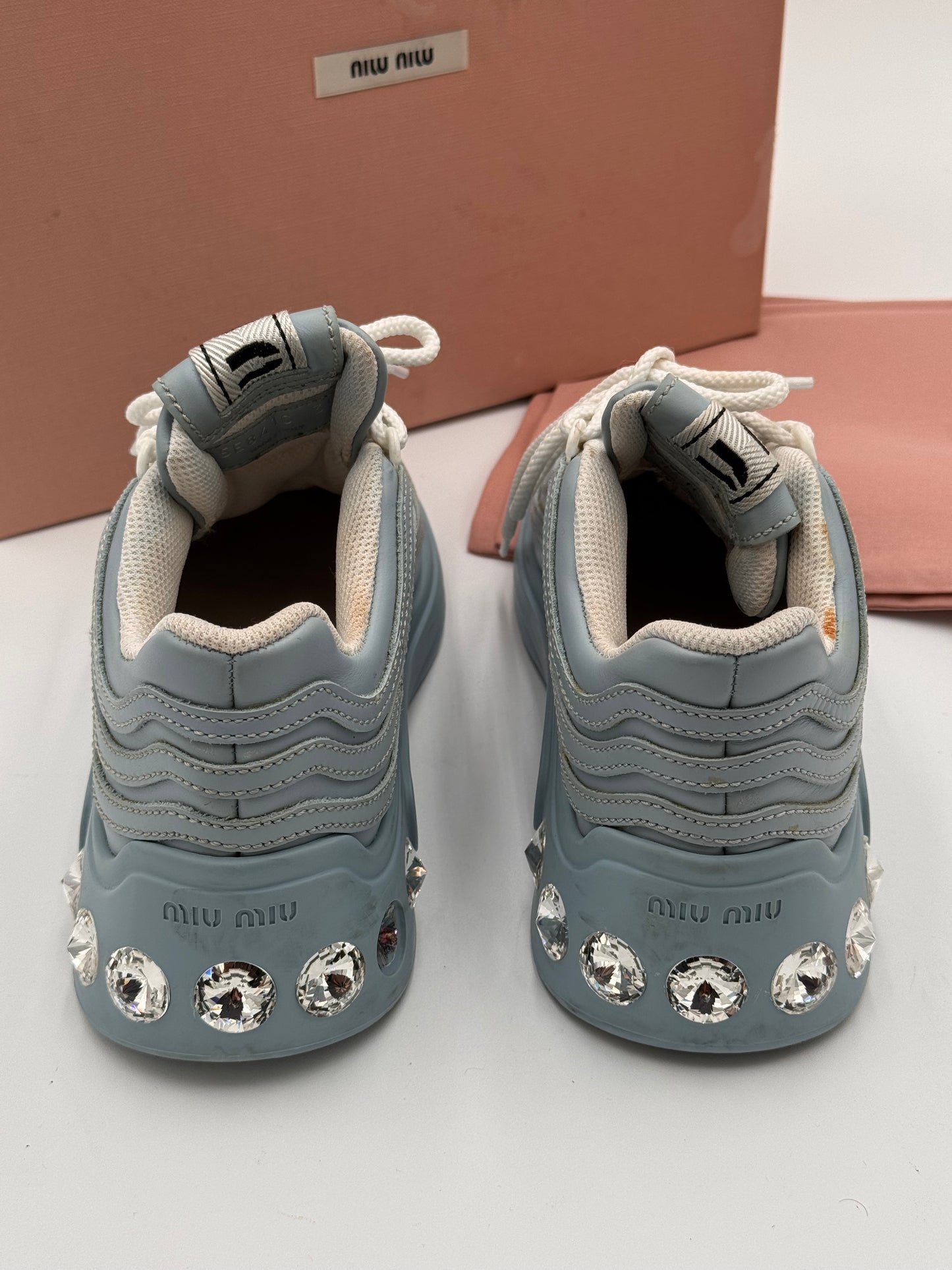 Miu Miu Crystal Embellished Chunky Sneakers Shoes Cielo Light Blue size 35