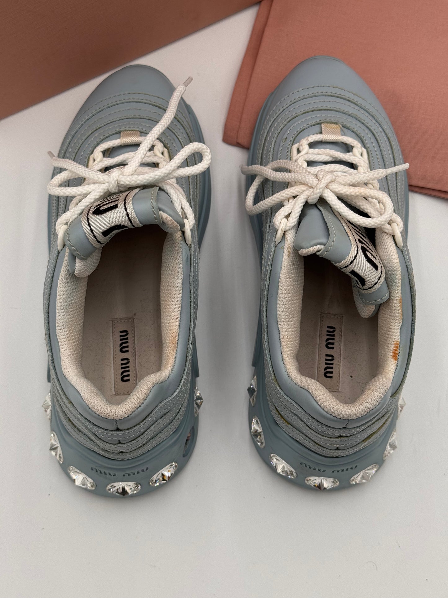 Miu Miu Crystal Embellished Chunky Sneakers Shoes Cielo Light Blue size 35