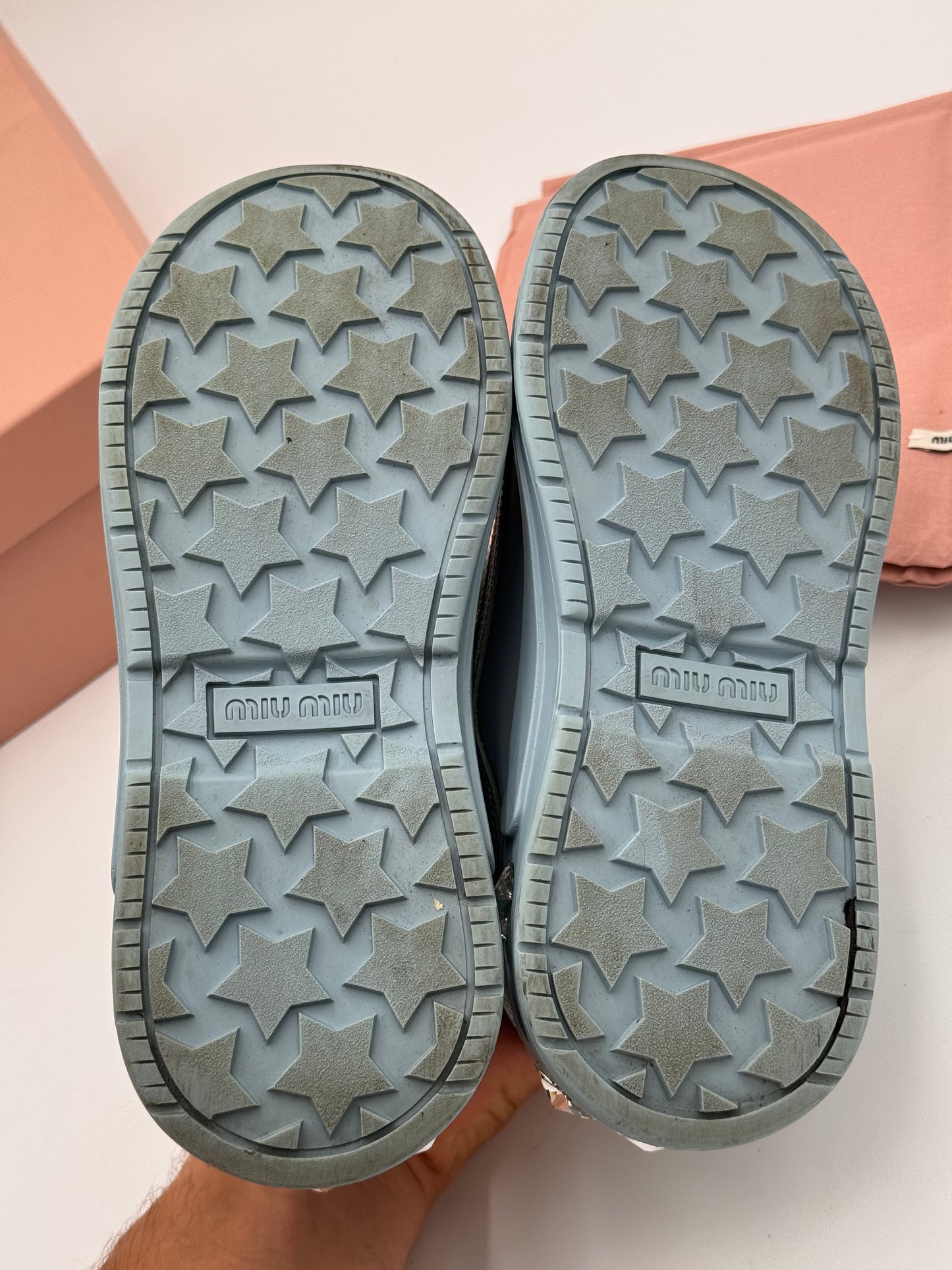 Miu Miu Crystal Embellished Chunky Sneakers Shoes Cielo Light Blue size 35
