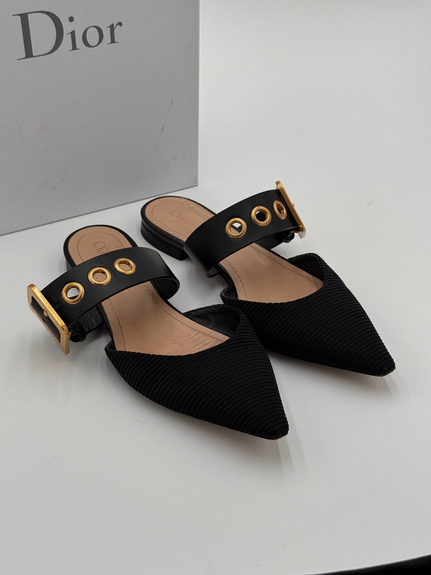 Dior Black Fabric and Leather Flats Mules Shoes size 36
