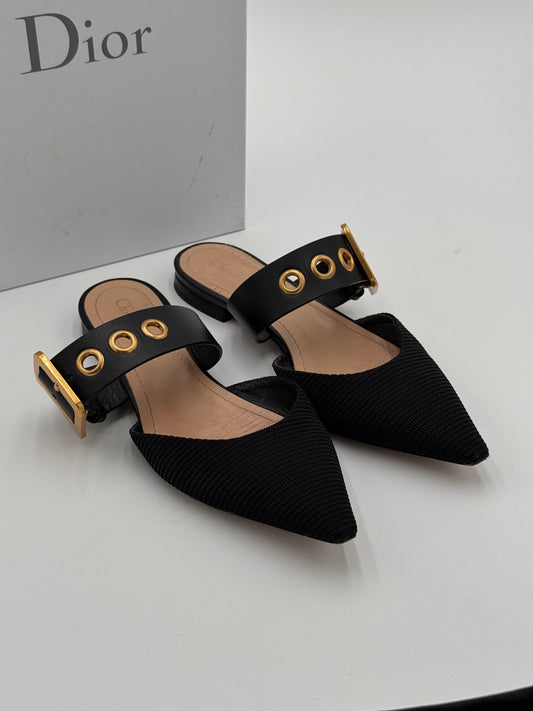 Dior Black Fabric and Leather Flats Mules Shoes size 36