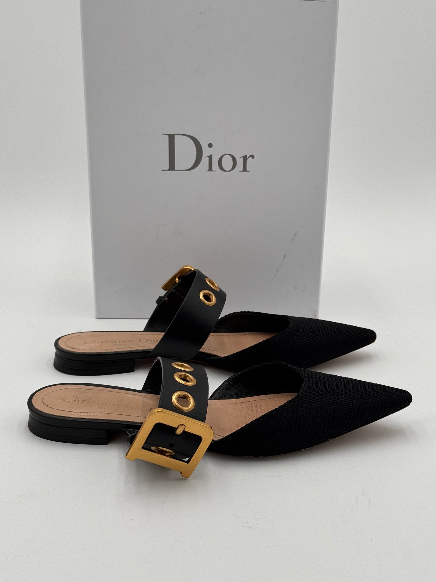 Dior Black Fabric and Leather Flats Mules Shoes size 36