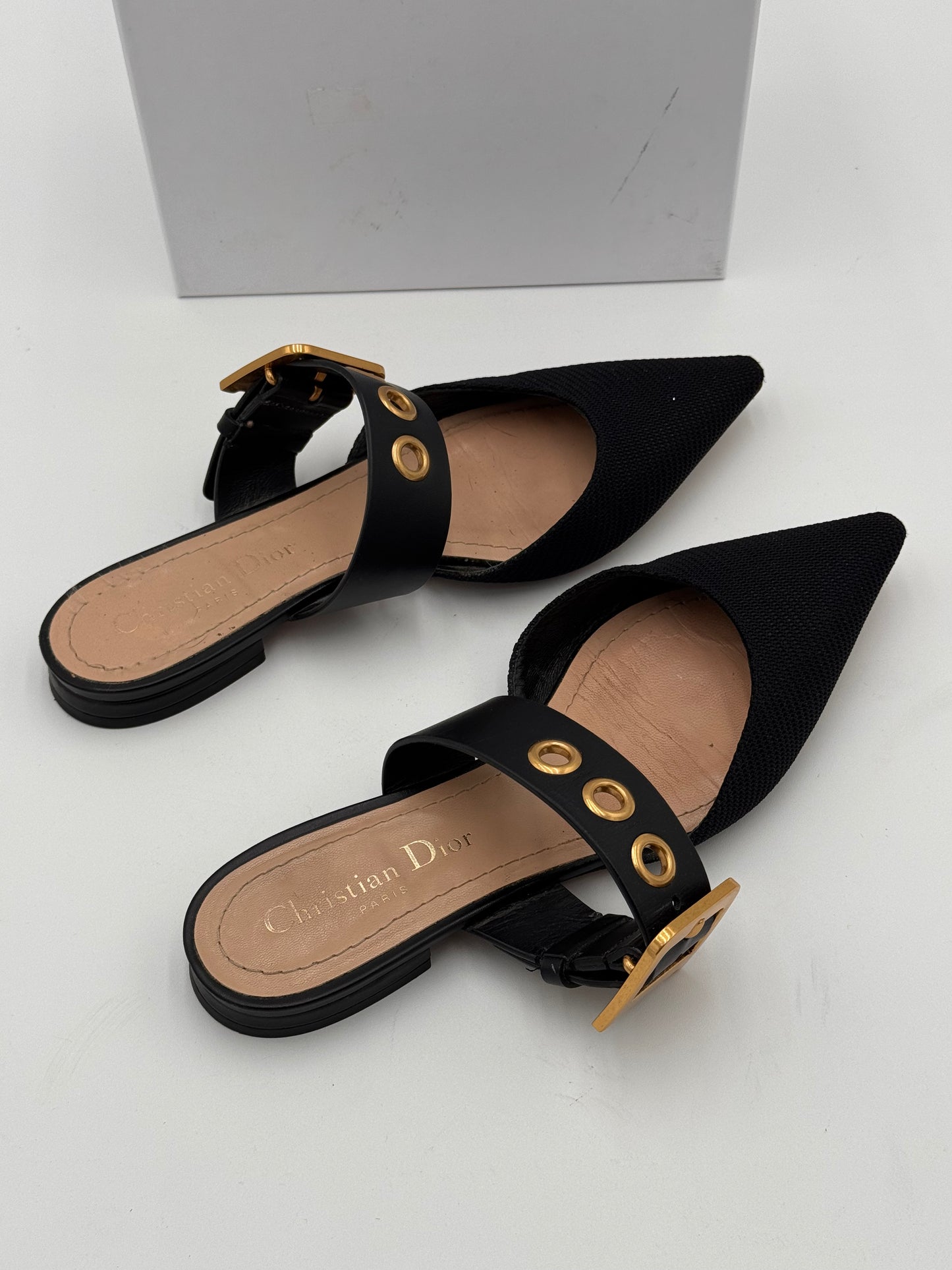 Dior Black Fabric and Leather Flats Mules Shoes size 36