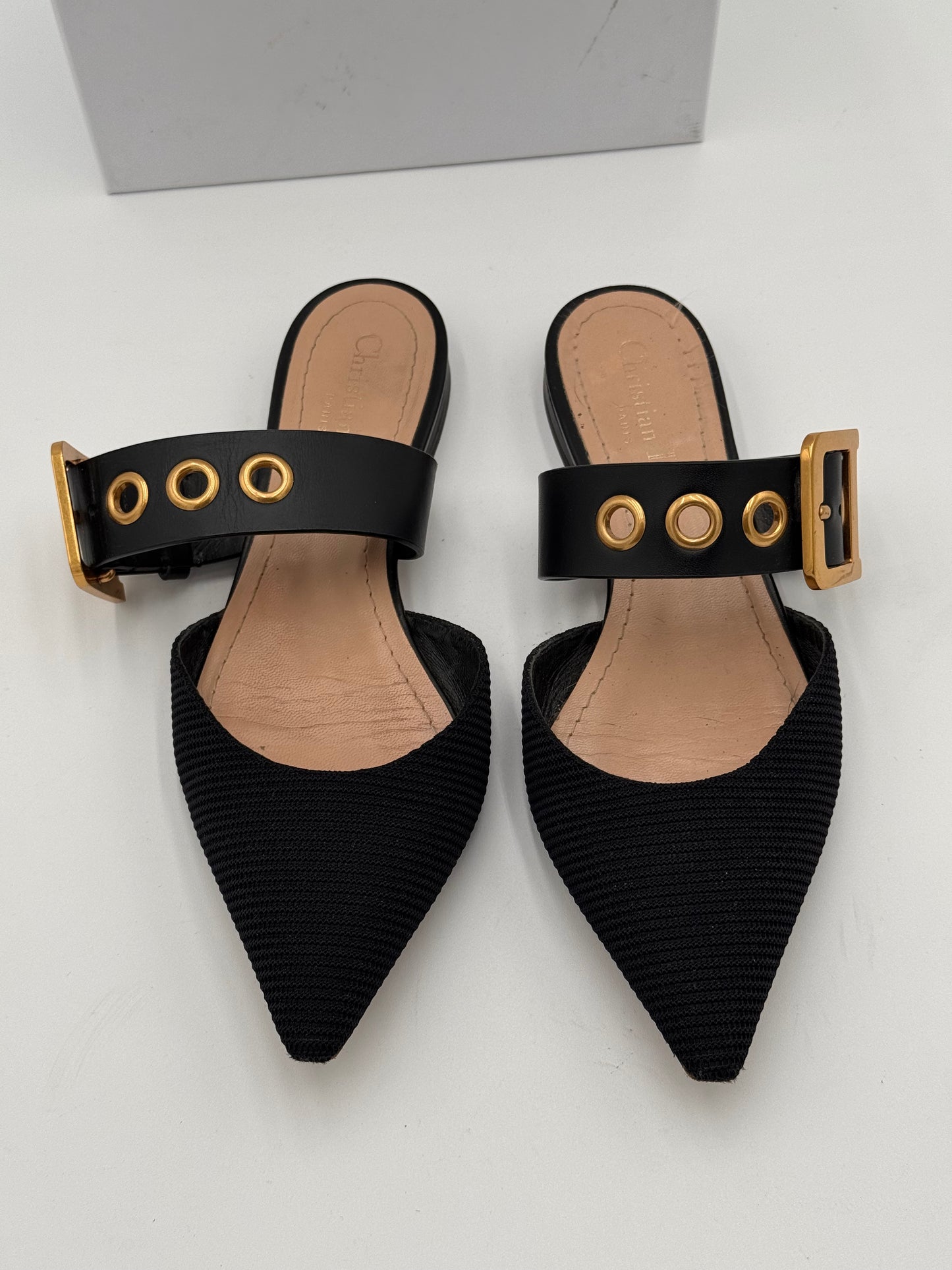 Dior Black Fabric and Leather Flats Mules Shoes size 36