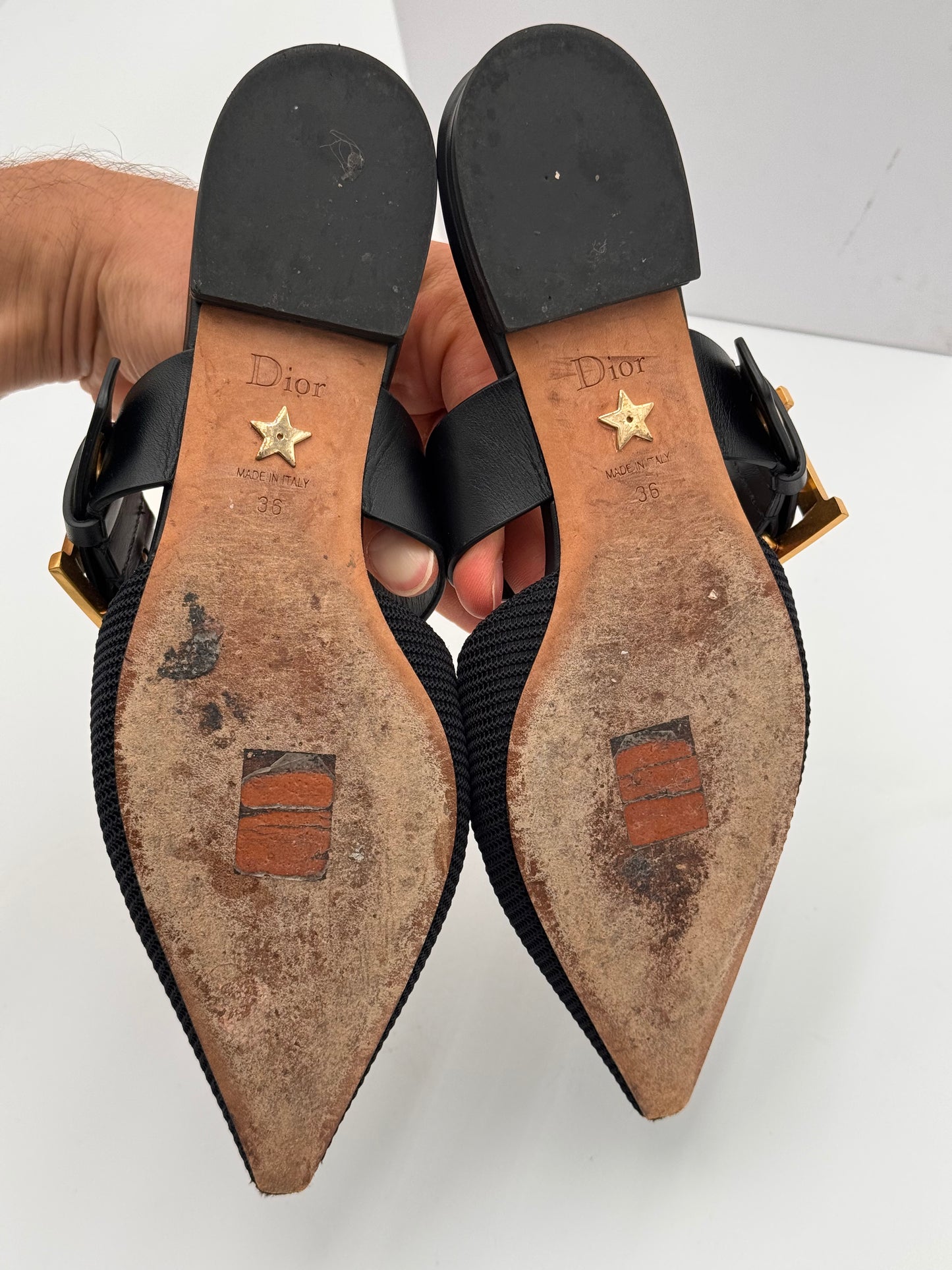 Dior Black Fabric and Leather Flats Mules Shoes size 36