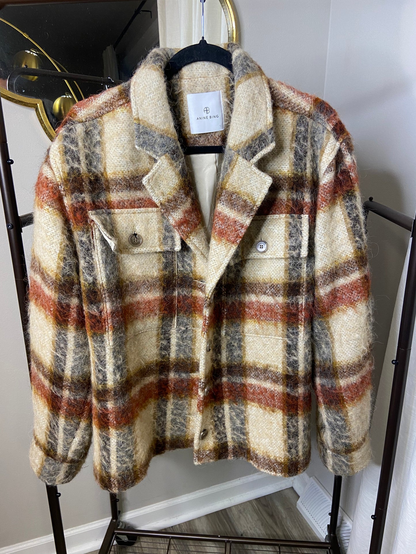 Anine Bing Flyn Jacket in Oatmeal Plaid size M