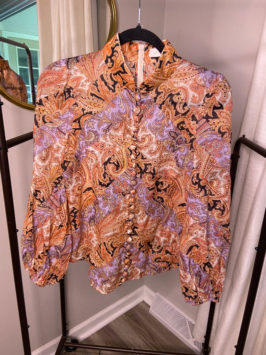 Zimmermann Multicolor Paisley Printed Ramie Voile Blouse size US 8