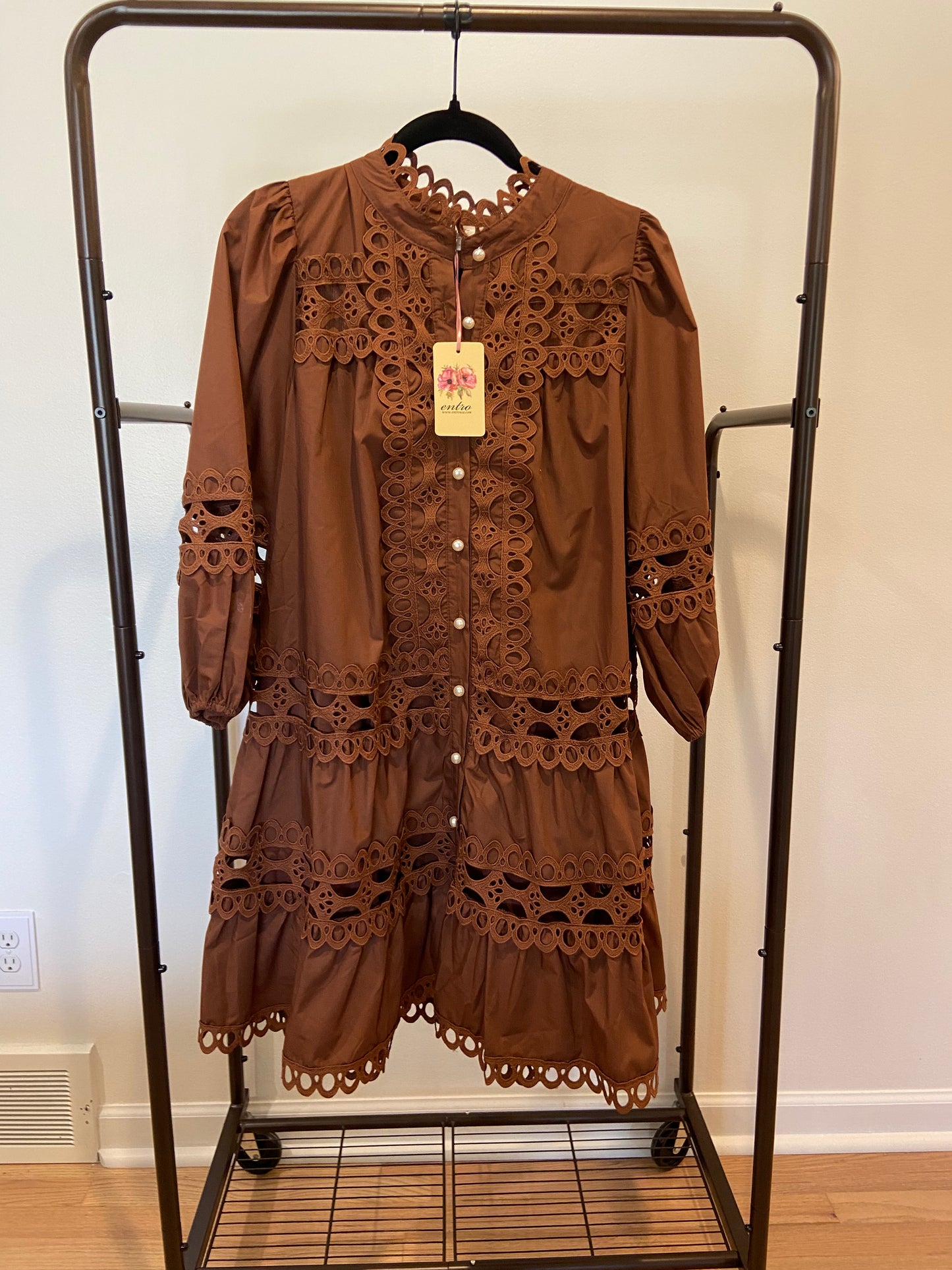 Entro Zosia Brown Lace Mini Dress with Pearl Buttons size M NWT