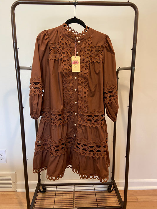 Entro Zosia Brown Lace Mini Dress with Pearl Buttons size M NWT
