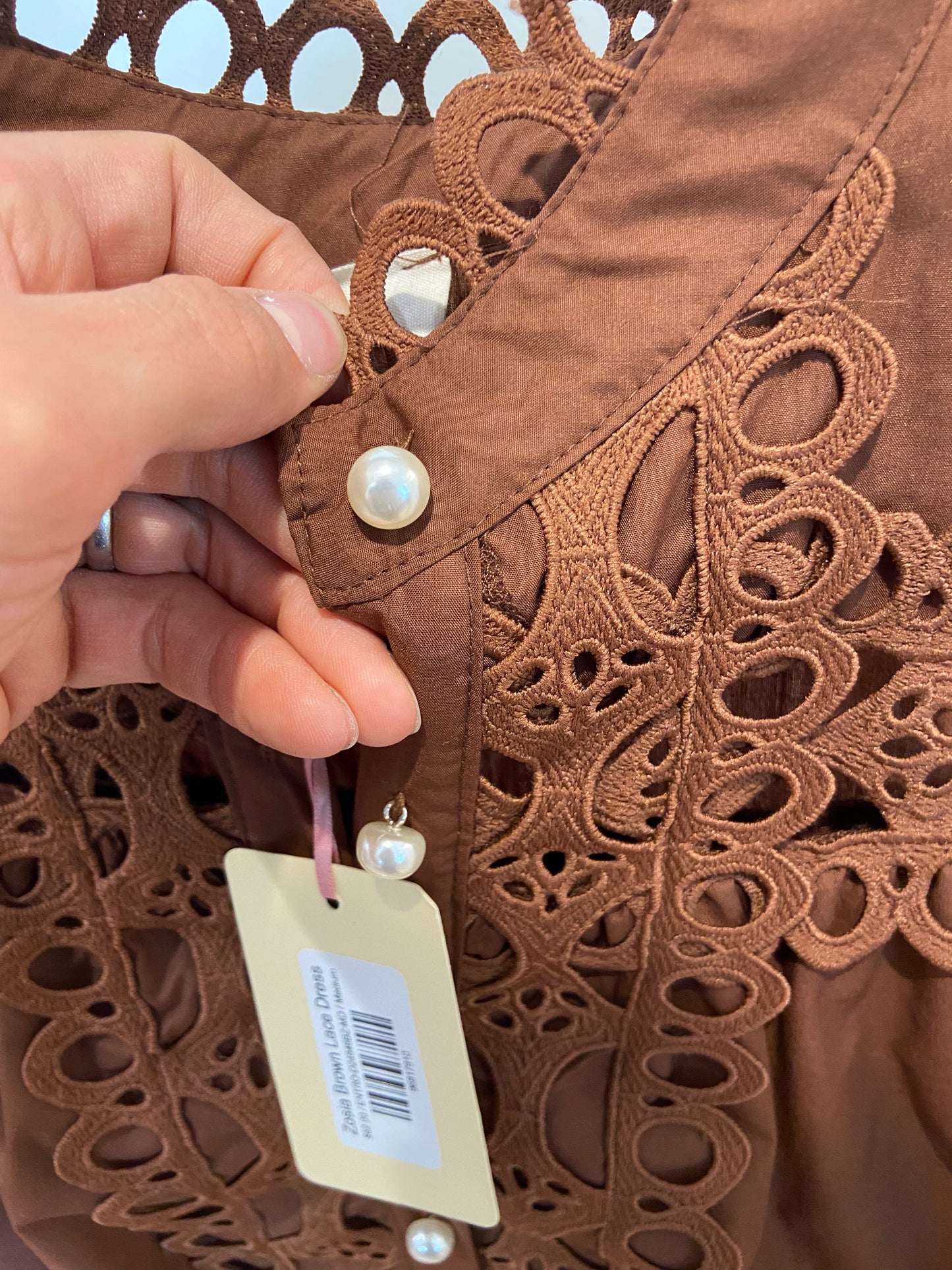 Entro Zosia Brown Lace Mini Dress with Pearl Buttons size M NWT