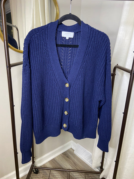 La Ligne Chunky Cotton Cardigan Sweater In Navy size M