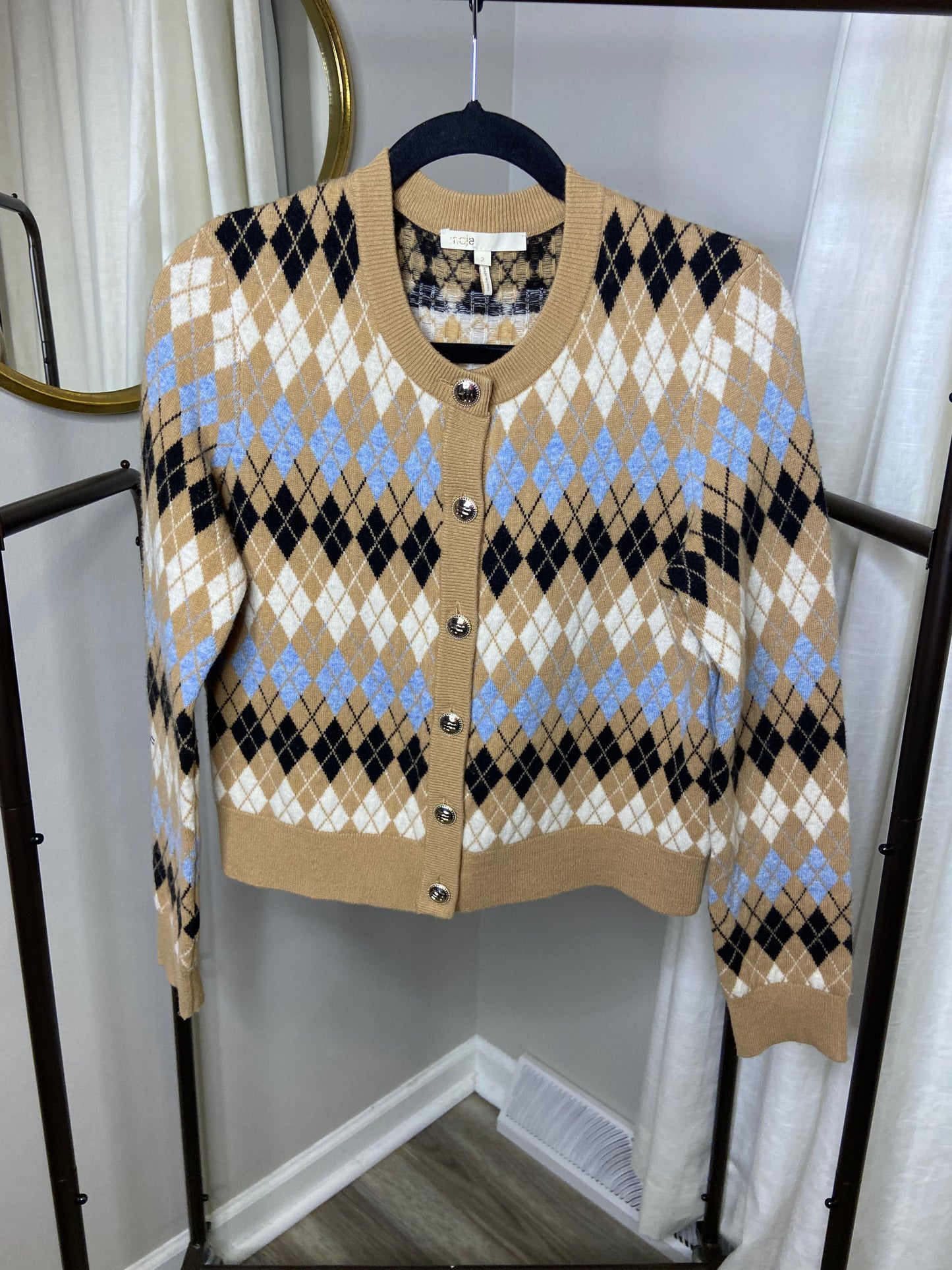 Maje Myra Wool Blend Argyle Cardigan size 2 (M)