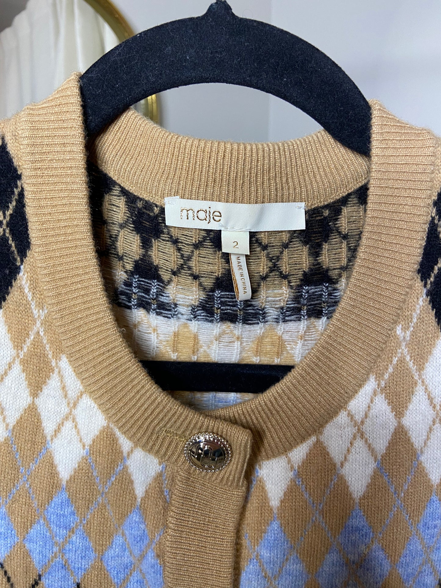 Maje Myra Wool Blend Argyle Cardigan size 2 (M)