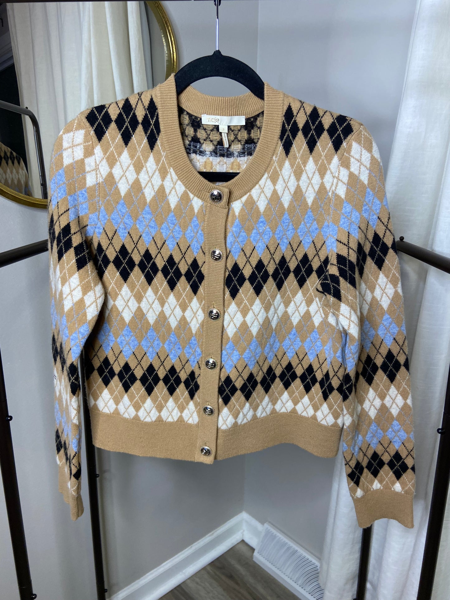 Maje Myra Wool Blend Argyle Cardigan size 2 (M)