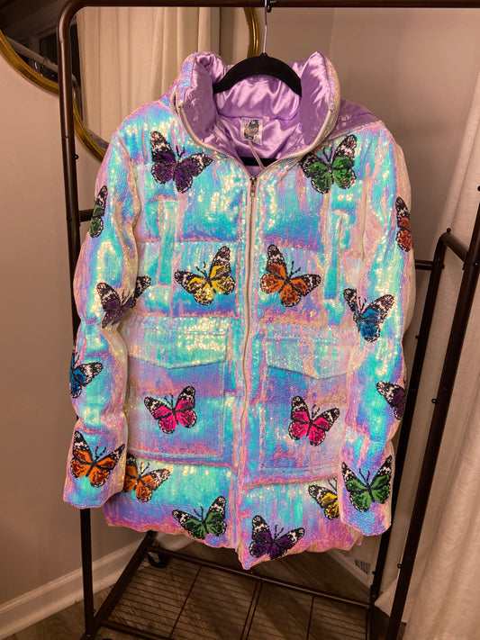 Queen Of Sparkles Butterfly Sequin Puffer Jacket size M