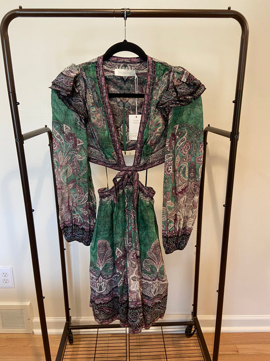 Zimmermann Anneke Ruffle Mini Dress Teal Paisley size 0 US 4