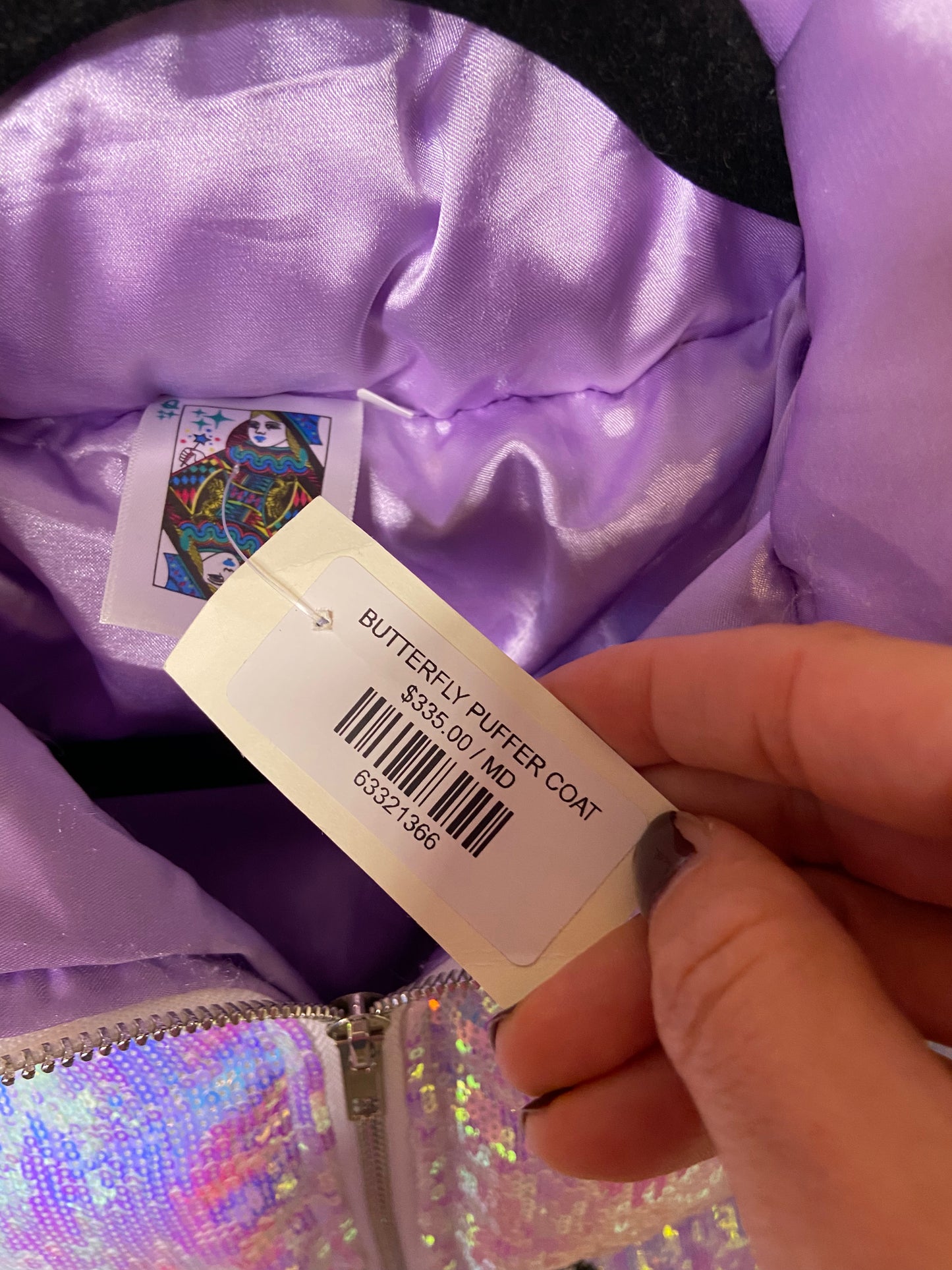Queen Of Sparkles Butterfly Sequin Puffer Jacket size M