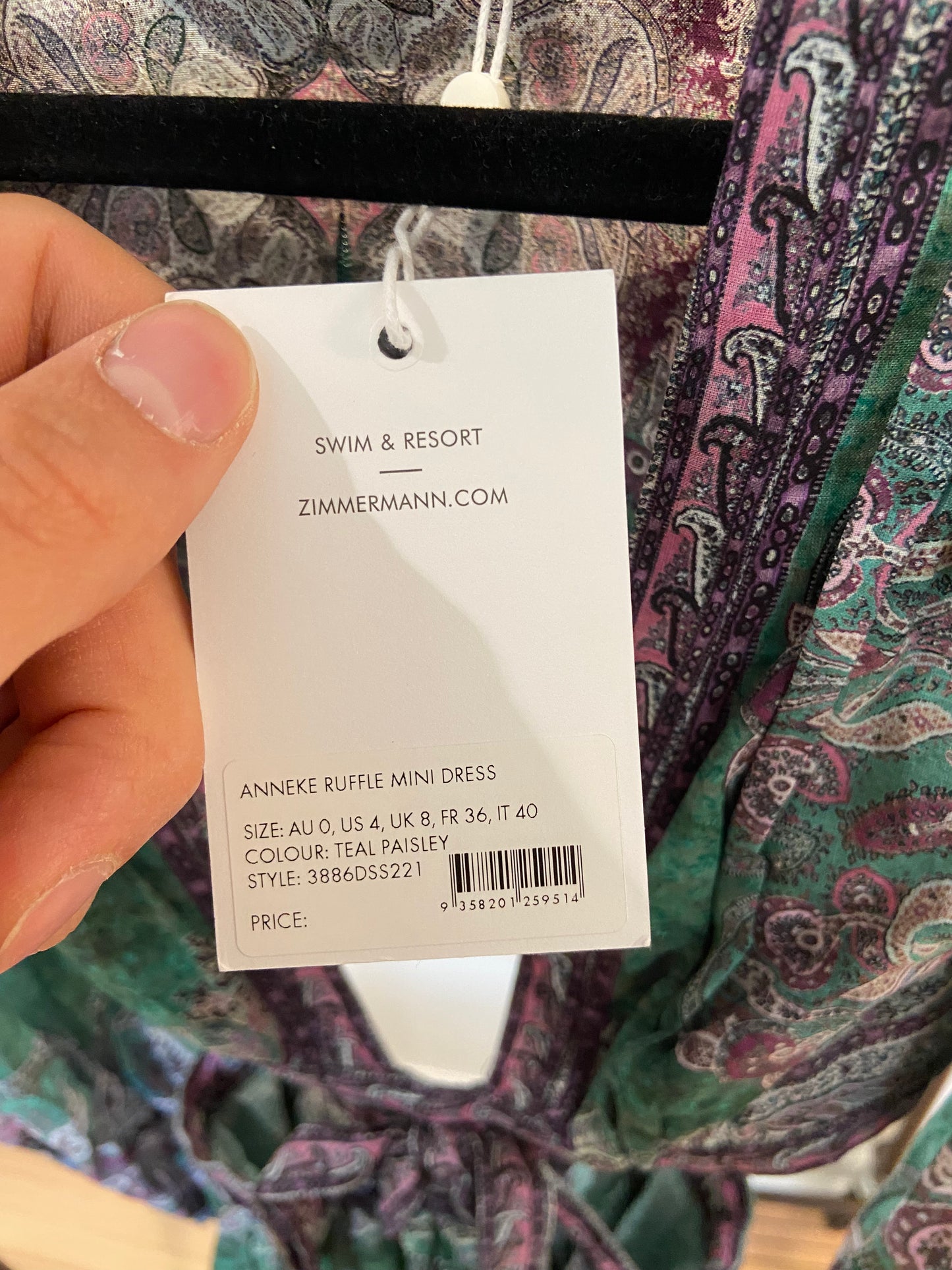 Zimmermann Anneke Ruffle Mini Dress Teal Paisley size 0 US 4