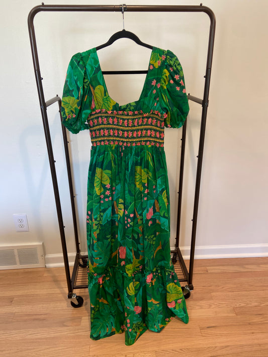 Farm Rio Puff-Sleeve Smocked Maxi Dress in Green size L