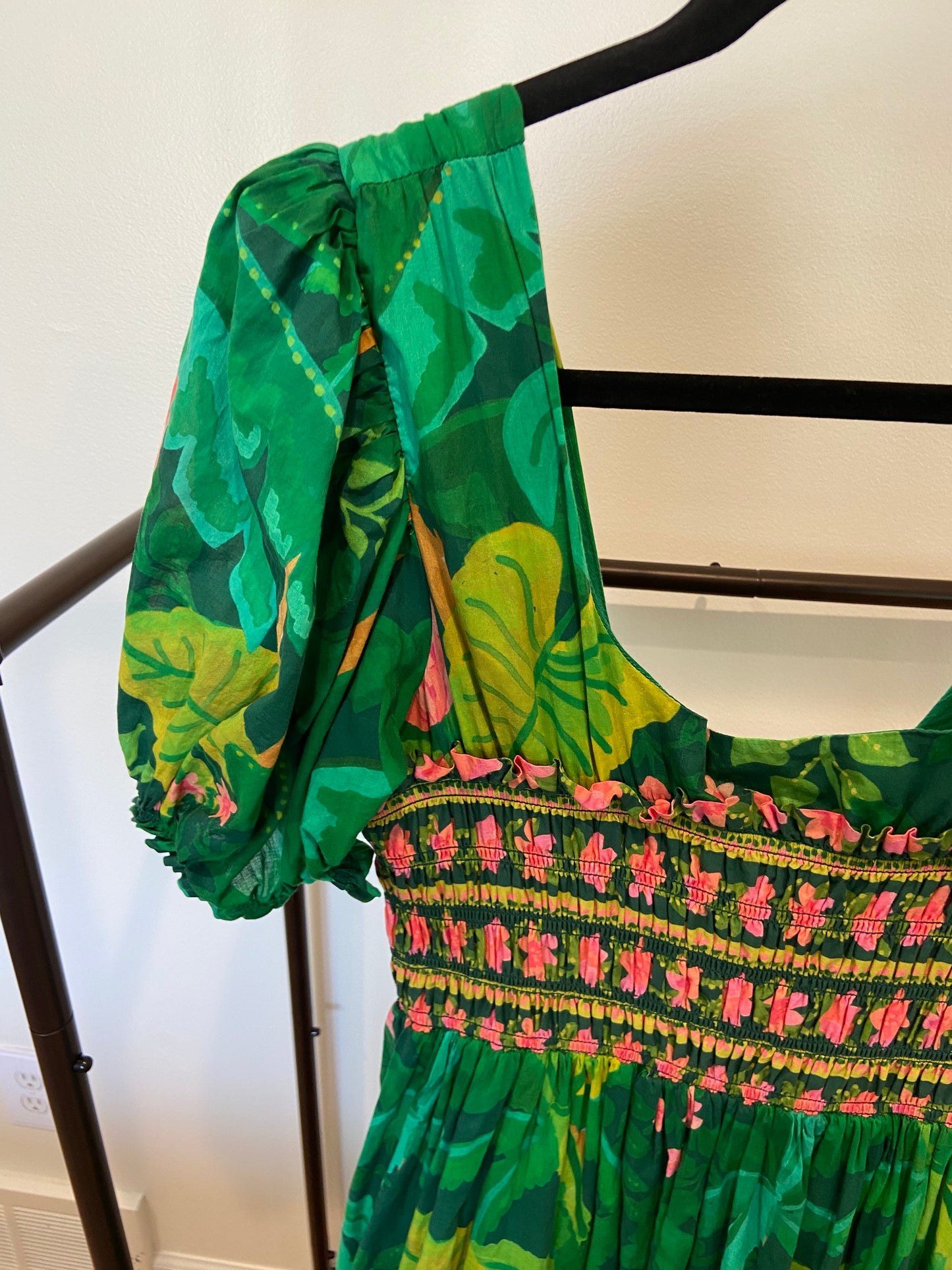 Farm Rio Puff-Sleeve Smocked Maxi Dress in Green size L