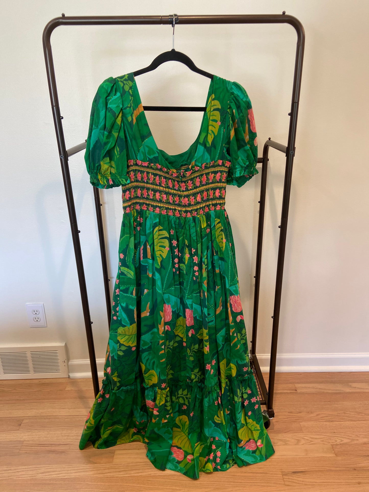 Farm Rio Puff-Sleeve Smocked Maxi Dress in Green size L
