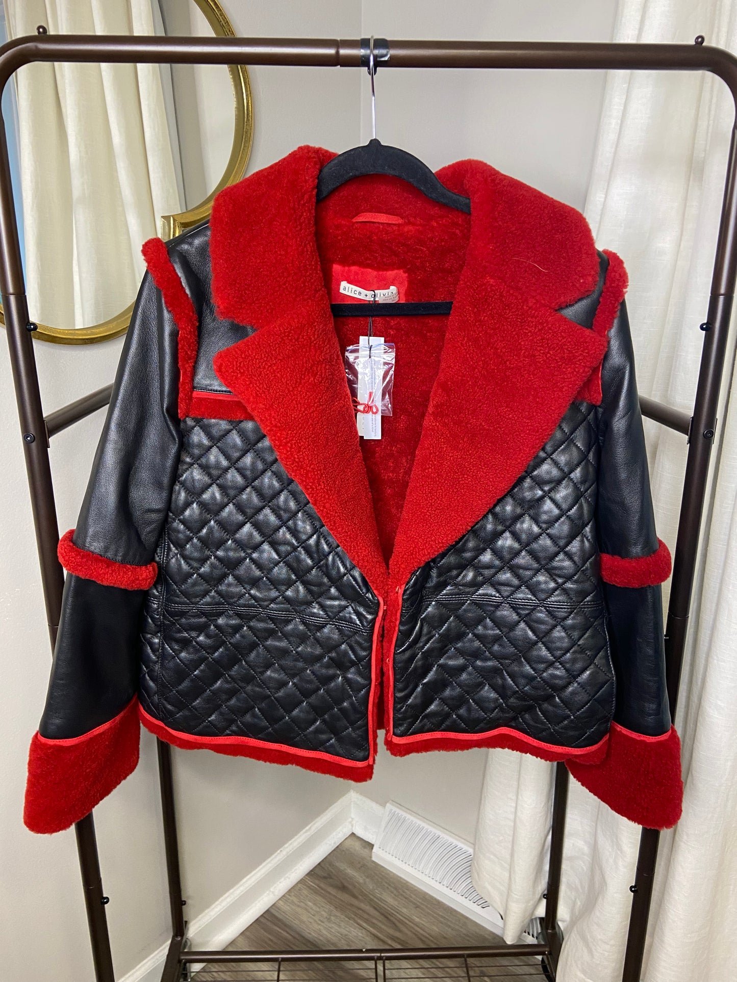 Alice and Olivia Luisana Combo Leather Shearling Coat size L
