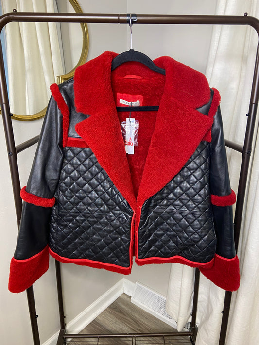 Alice and Olivia Luisana Combo Leather Shearling Coat size L