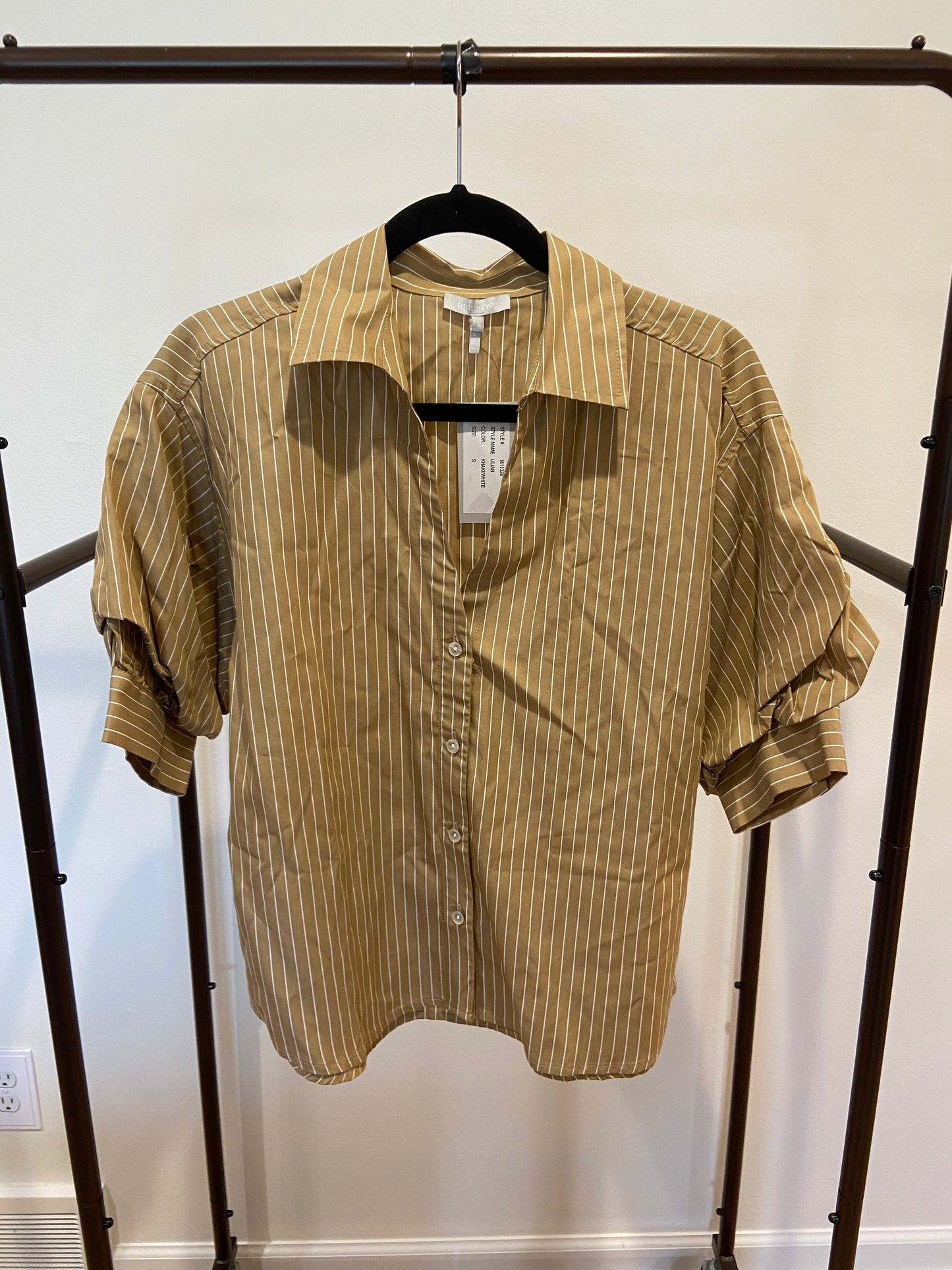 Hinson Wu Lilian Elbow Sleeve Pencil Stripe Shirt in Khaki/White Stripe size S