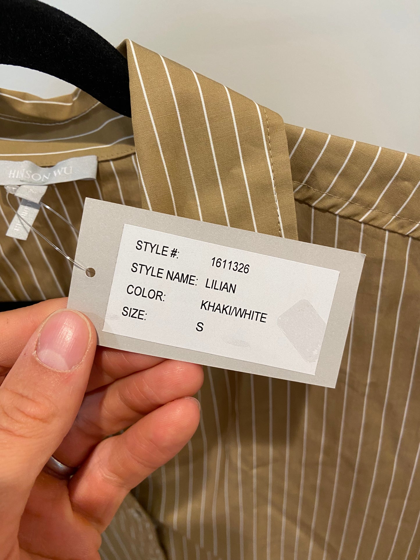 Hinson Wu Lilian Elbow Sleeve Pencil Stripe Shirt in Khaki/White Stripe size S