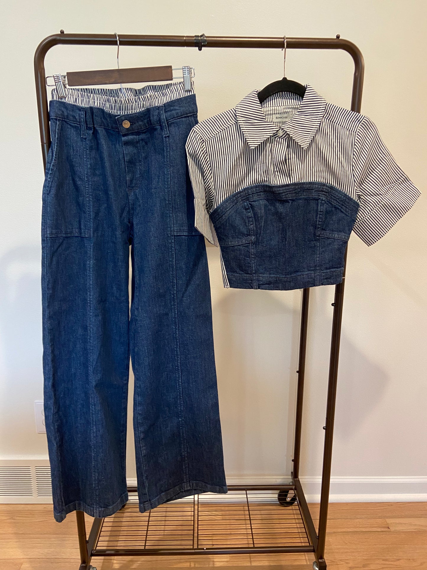 Simkhai Indigo Stripes Adams Shirt and Kori Double Waistband Jeans size 0/S