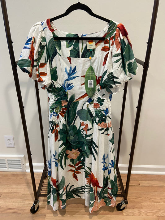 Farm Rio Midnight Macaw Fiesta Linen Blend Puff-Sleeve Midi Dress size M