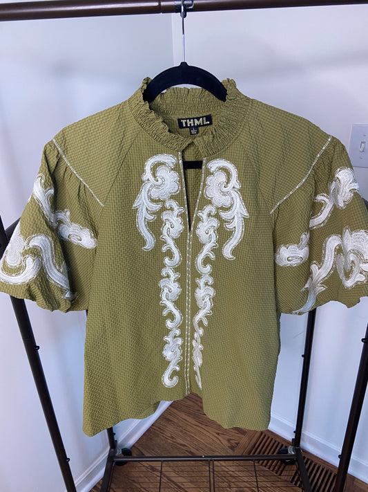 THML Olive Elegance Embroidered Top size L
