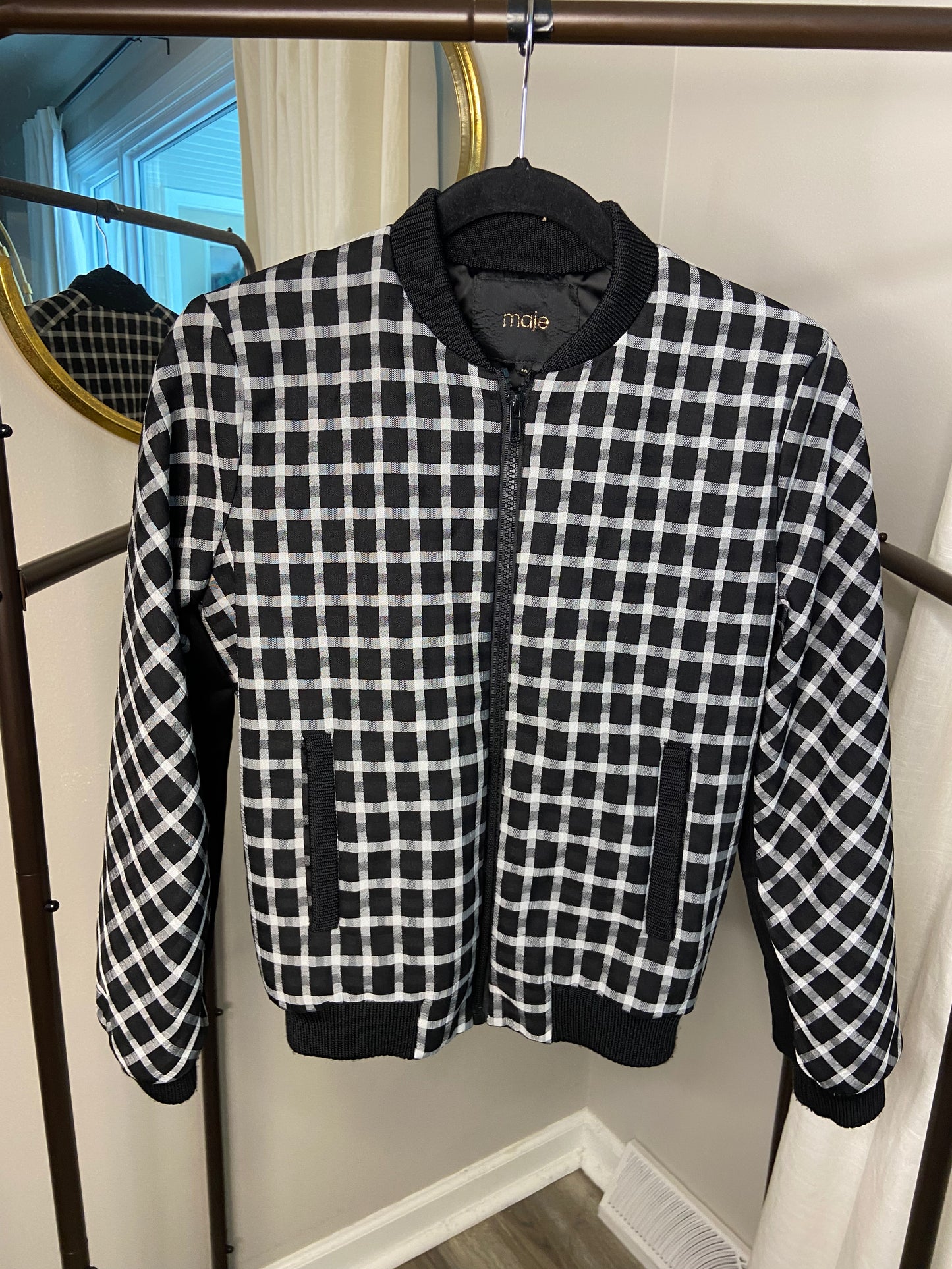 Maje Barc Checked Jacquard Bomber Jacket size US 8