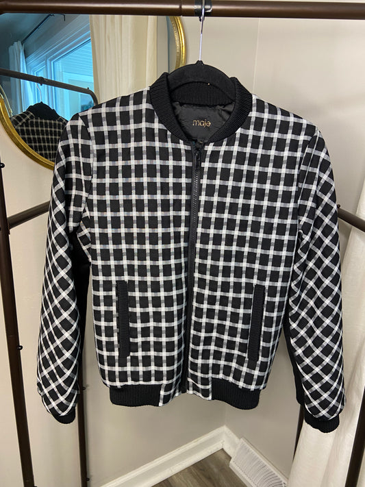 Maje Barc Checked Jacquard Bomber Jacket size US 8