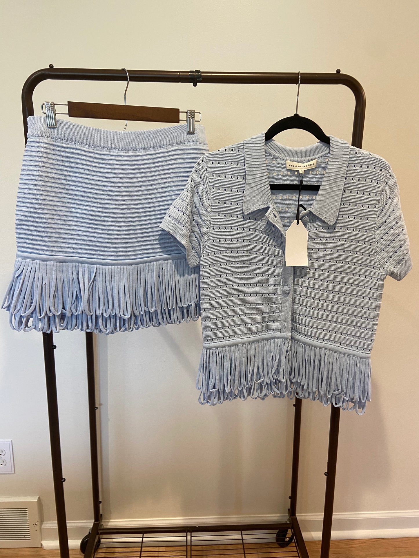 English Factory Fringe Detail Knit Top with Matching Skirt in Powder Blue size M