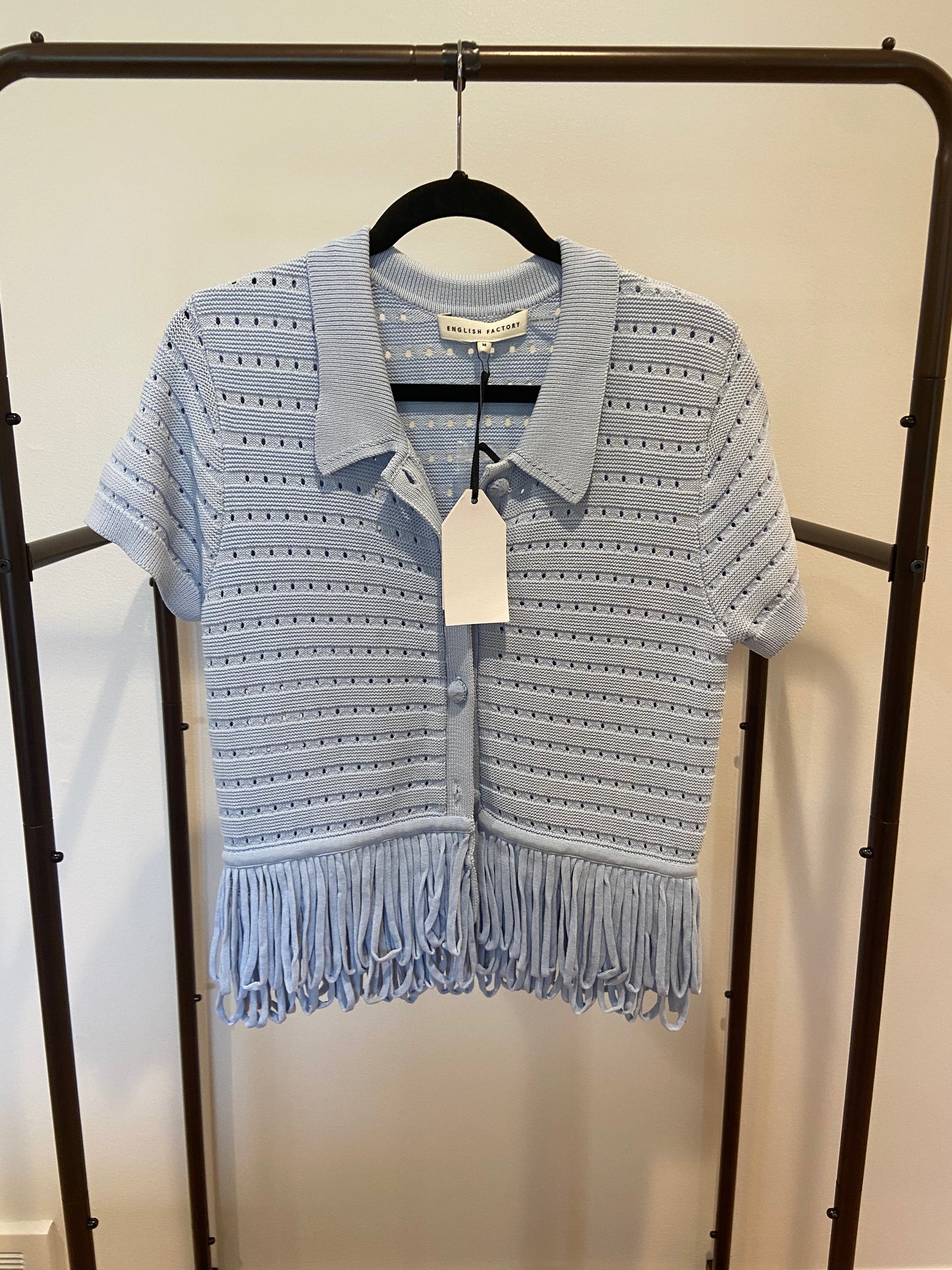 English Factory Fringe Detail Knit Top with Matching Skirt in Powder Blue size M