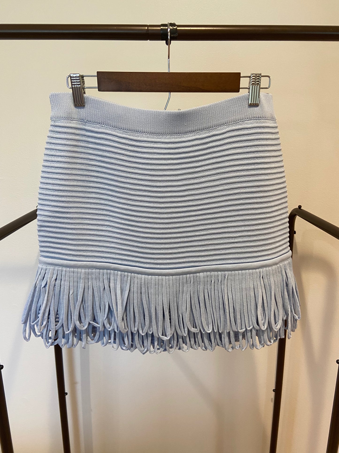 English Factory Fringe Detail Knit Top with Matching Skirt in Powder Blue size M