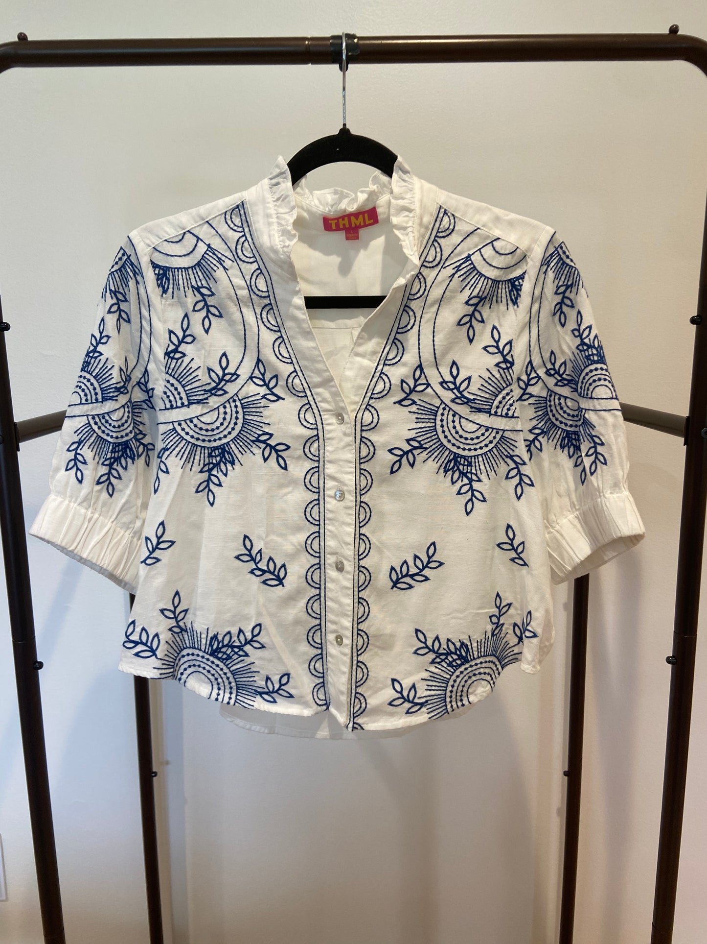 THML Luna Peasant White Blouse with Blue Floral Embroidery size L