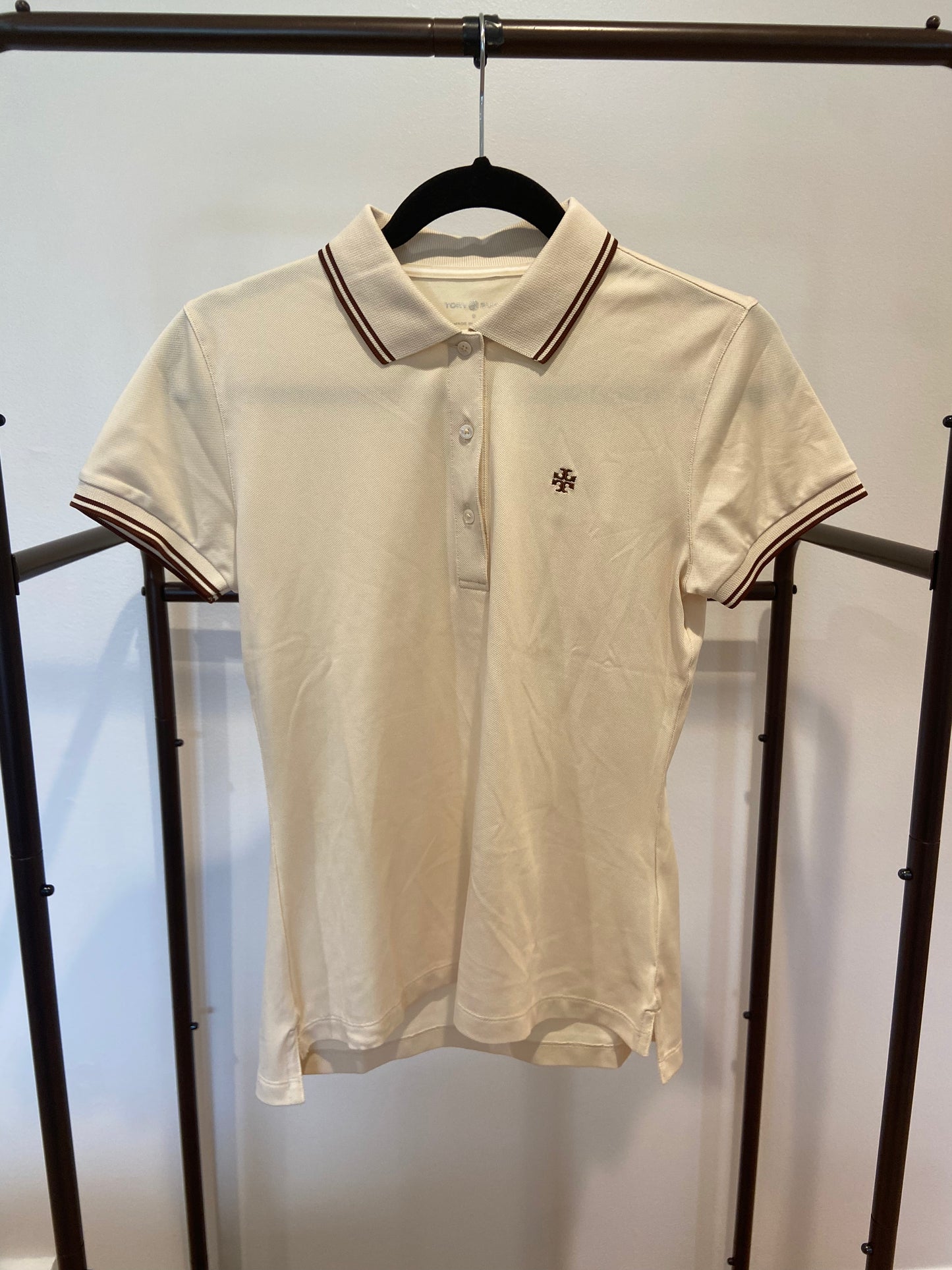 Tory Burch Classic Tech Pique Polo Shirt in Sesame Cream size S