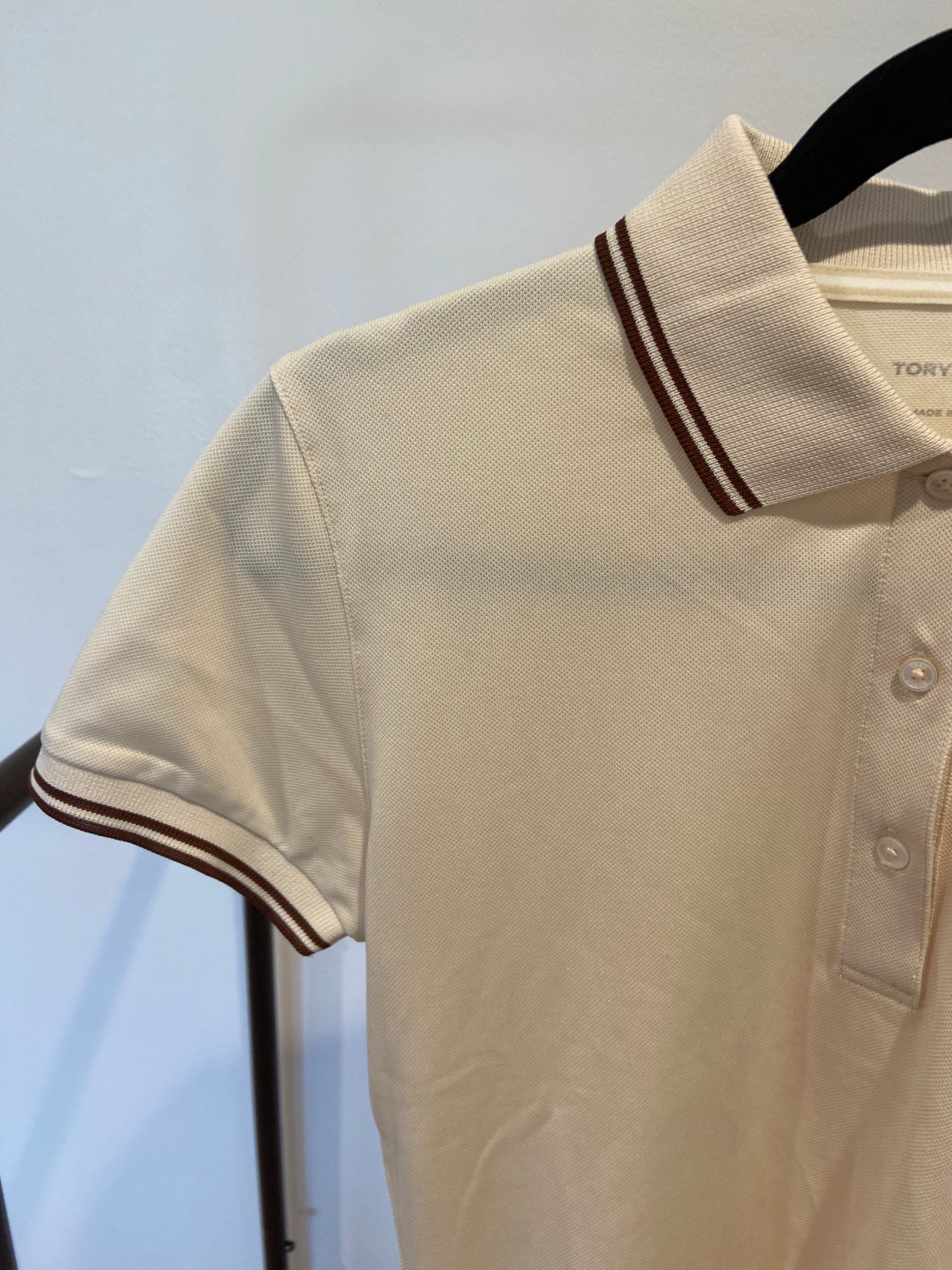 Tory Burch Classic Tech Pique Polo Shirt in Sesame Cream size S