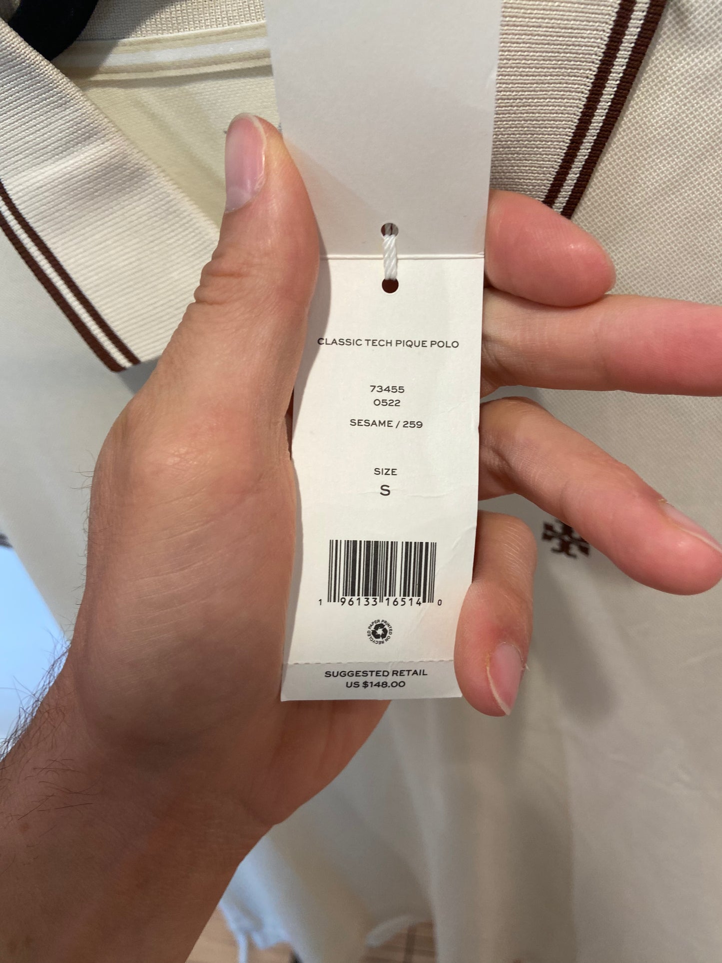 Tory Burch Classic Tech Pique Polo Shirt in Sesame Cream size S