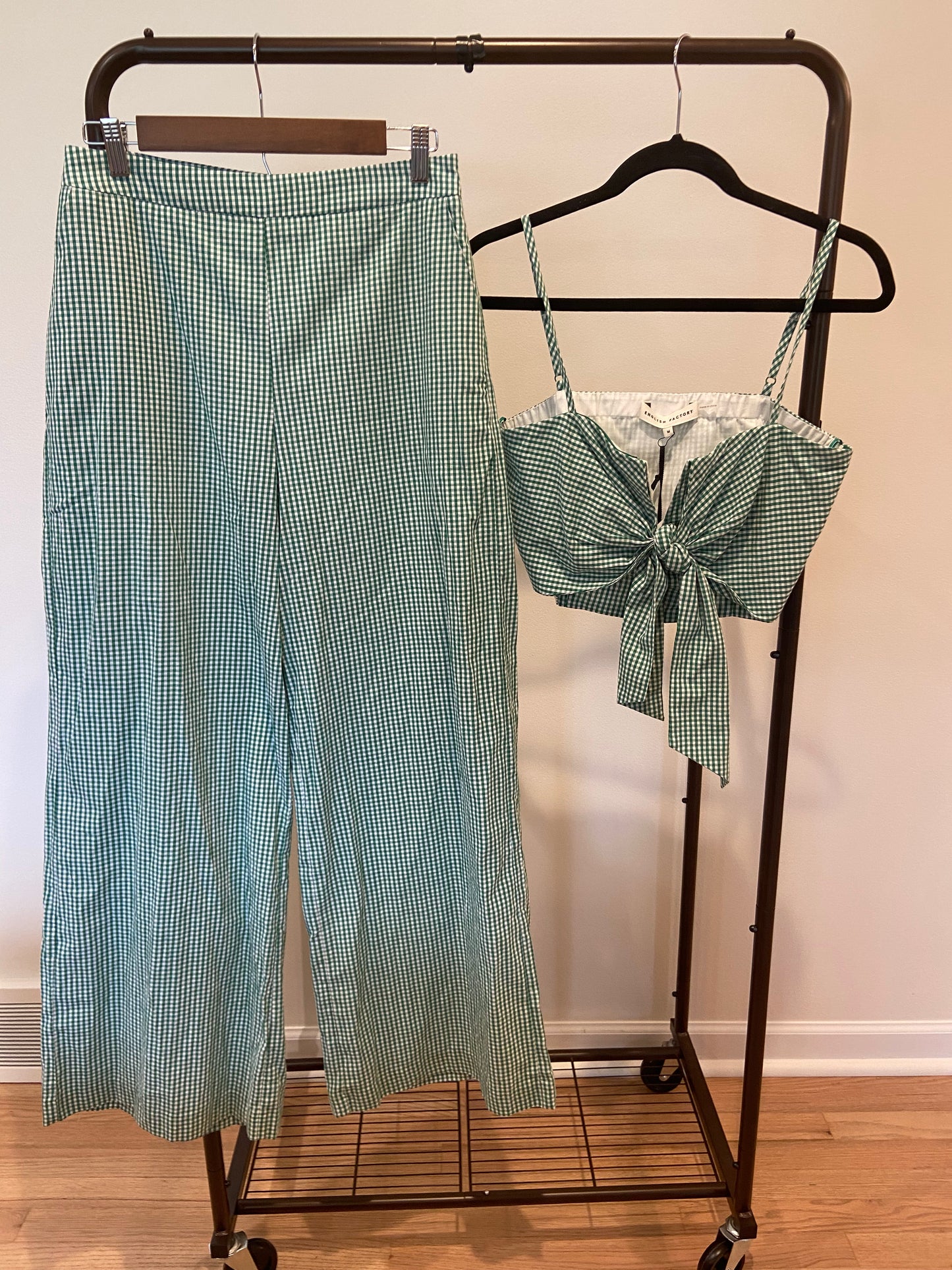 English Factory Gingham Twist Crop Top with Culotte Breeze Pants in Kelly Green size M