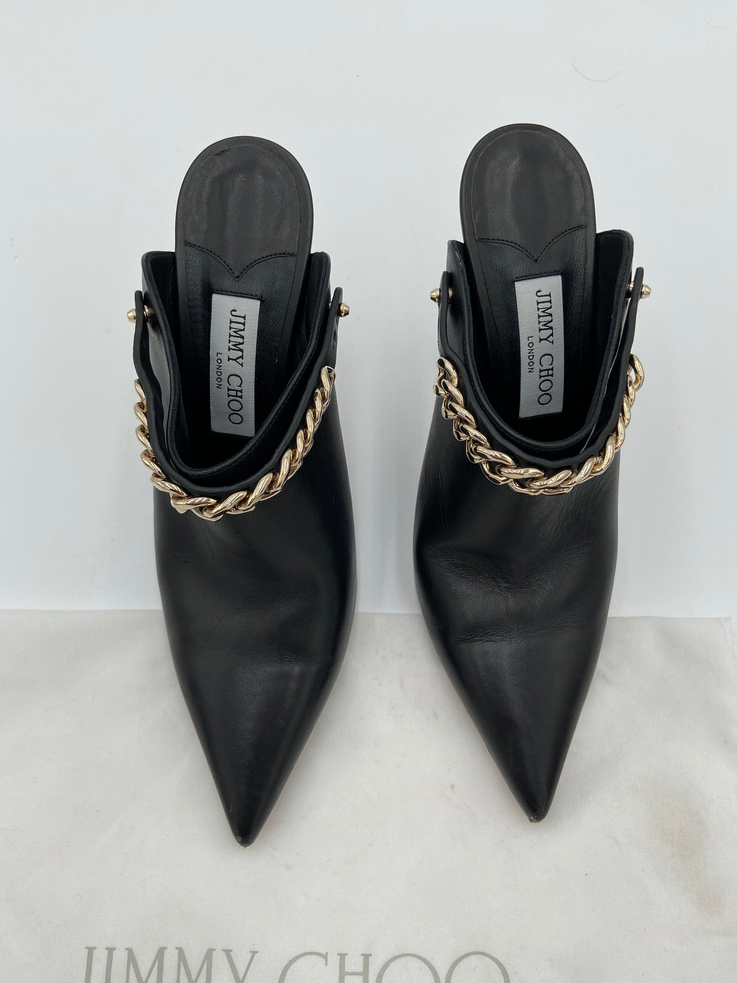 Jimmy Choo Lexx 100 Black Gold Heeled Mules size 38.5